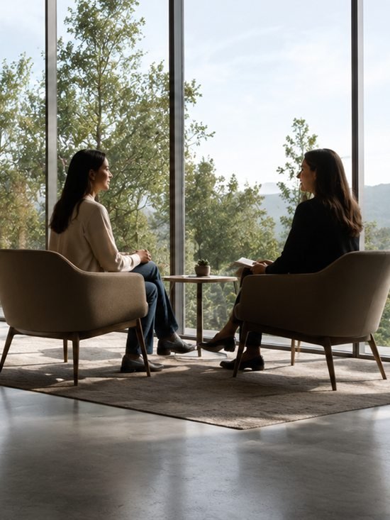 Two women in a calm consultation session overlooking a wooded landscape